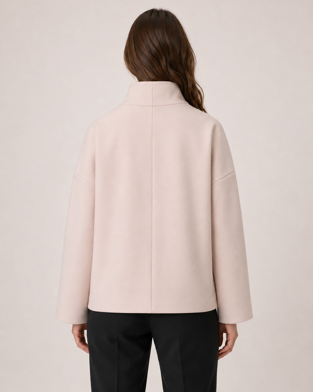 Women’s pink funnel neck coat back view