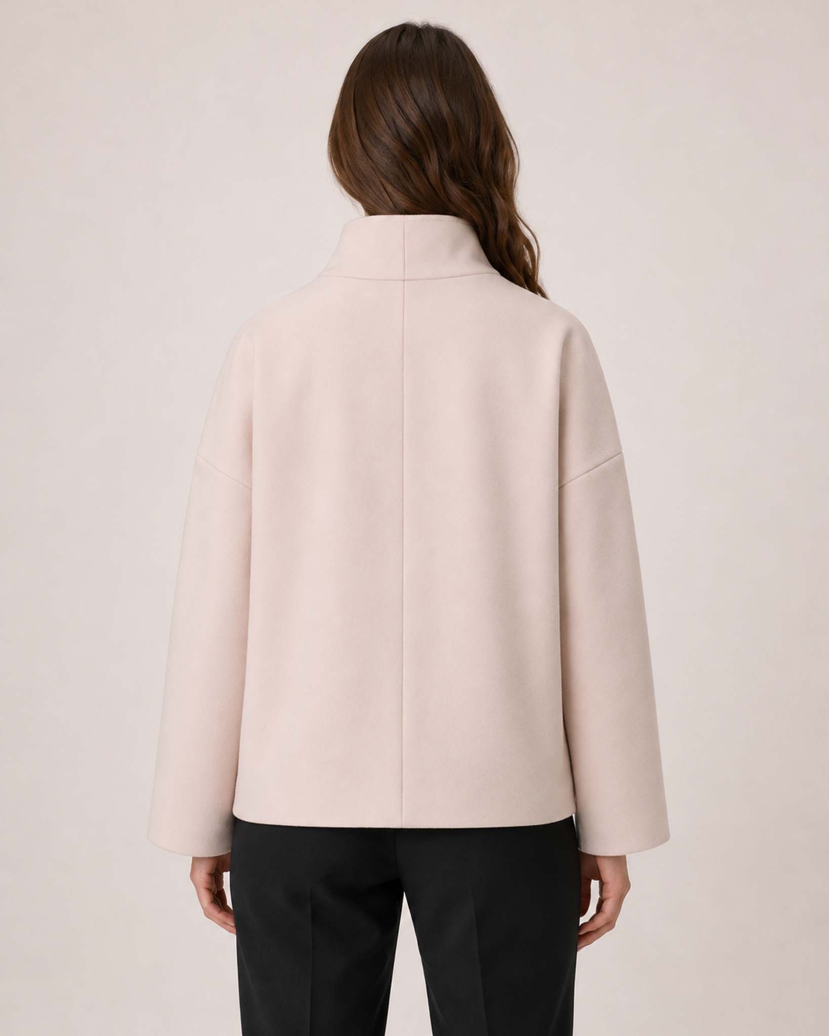 Women’s pink funnel neck coat back view