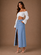 Women's High Waist Button Front Denim Midi Skirt