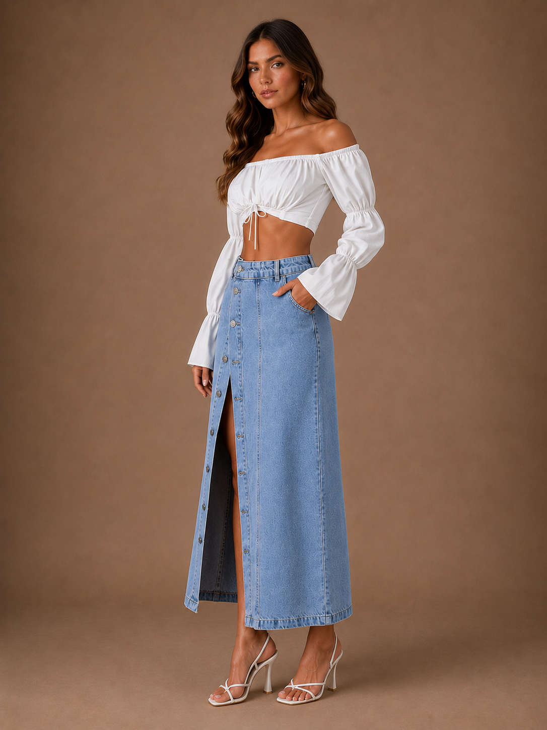 Women's High Waist Button Front Denim Midi Skirt
