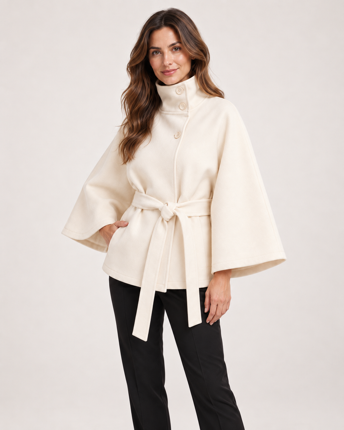 Women’s Cape Coat with Funnel Neck and Belt in Apricot, three quarter body view