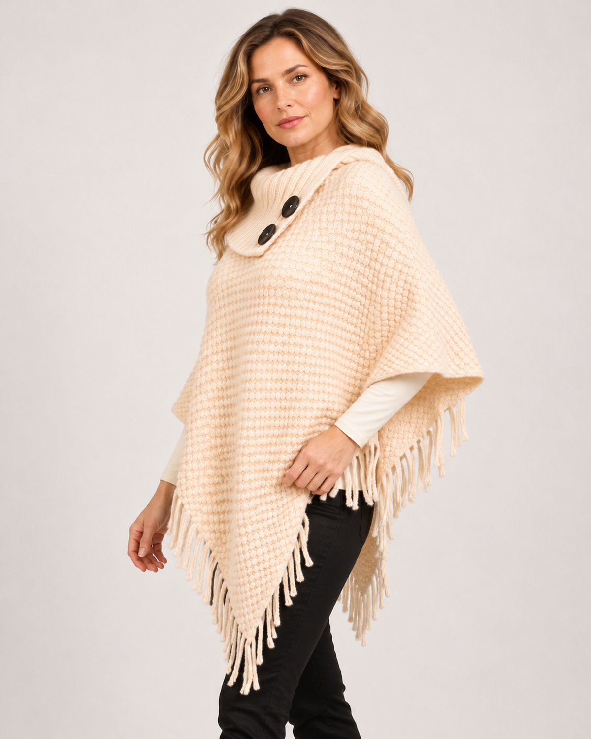Women’s Poncho with High Neck and Button Detail in Apricot, three quarter body view
