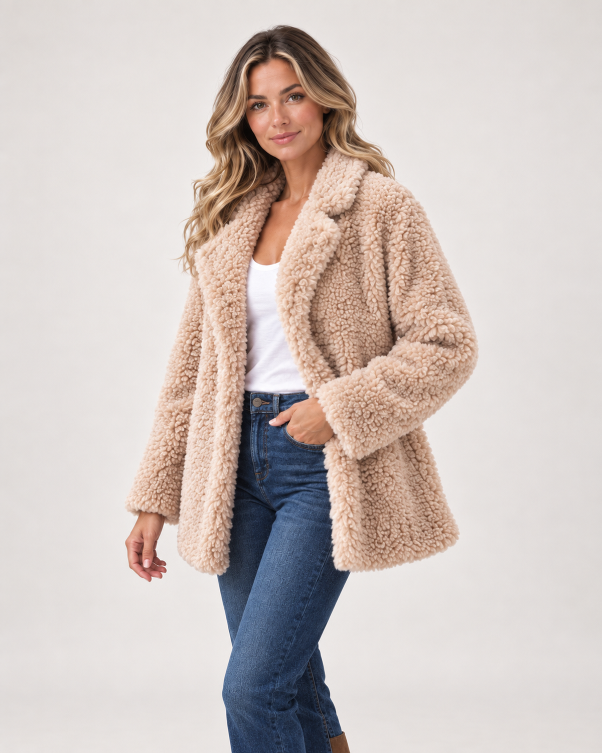 Women’s Teddy Coat with Wide Lapel Collar in Apricot, three quarter body view