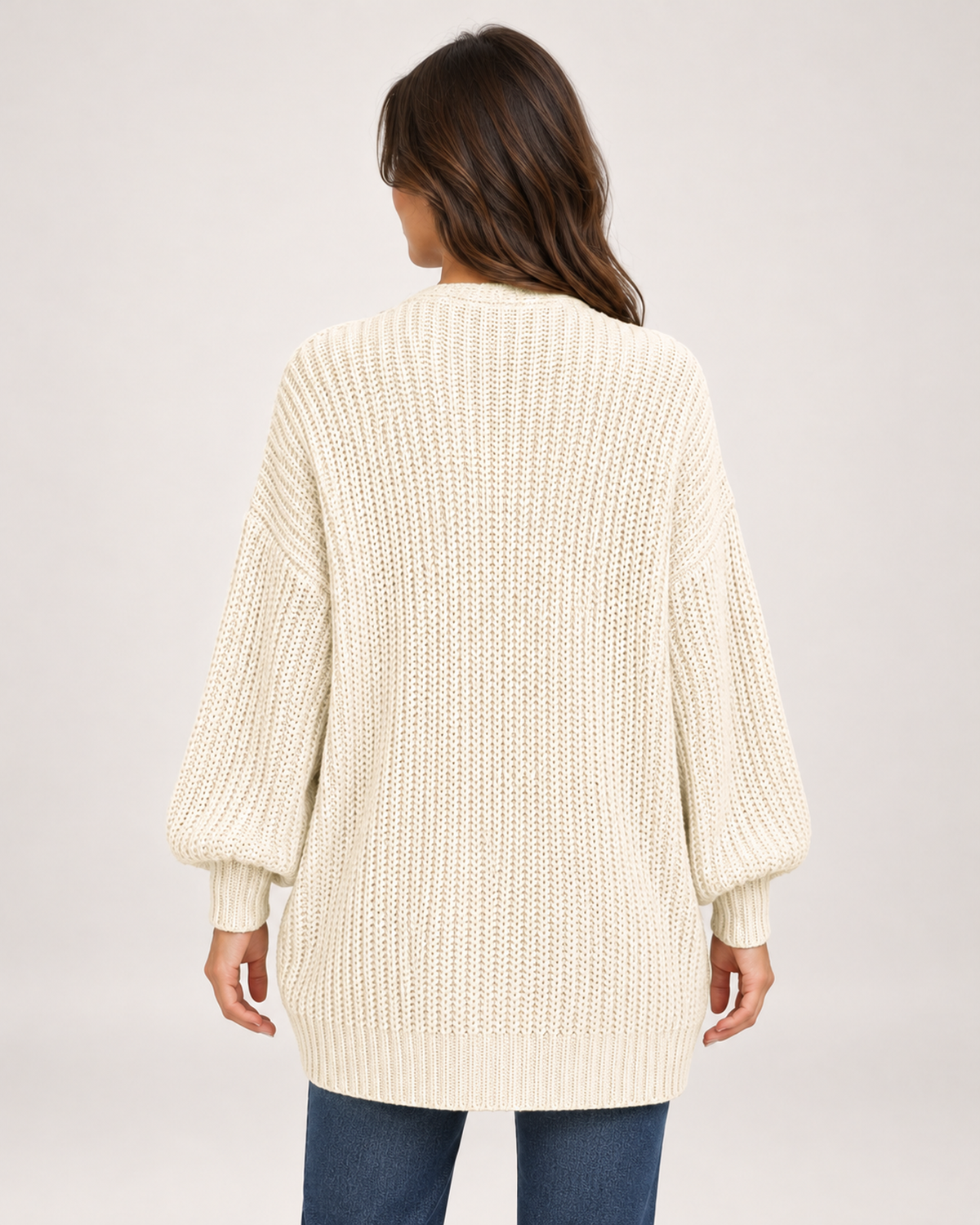 Women's Balloon Sleeve Cardigan with Chunky Knit back view