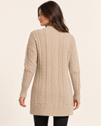 Women's beige cable knit button front coatigan back view