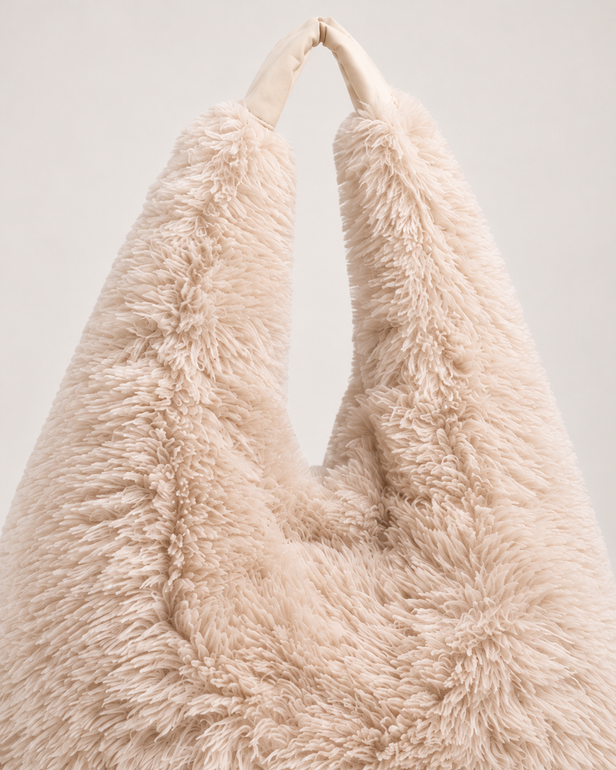 Women’s Fluffy Tote Bag with Wide Shoulder Strap in Beige, product detail view