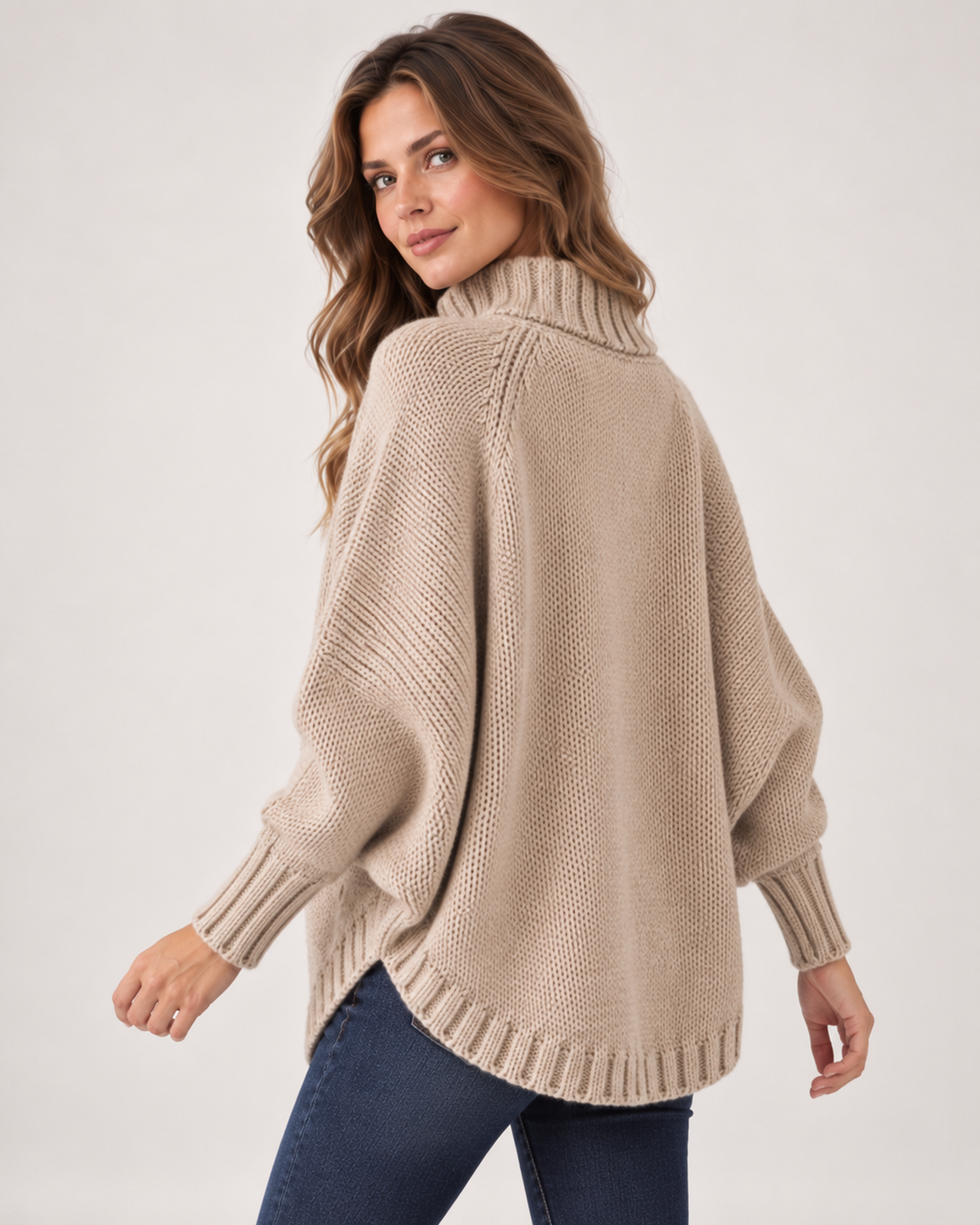 Women's Cable Knit Jumper with High Neck and Batwing Sleeves product view