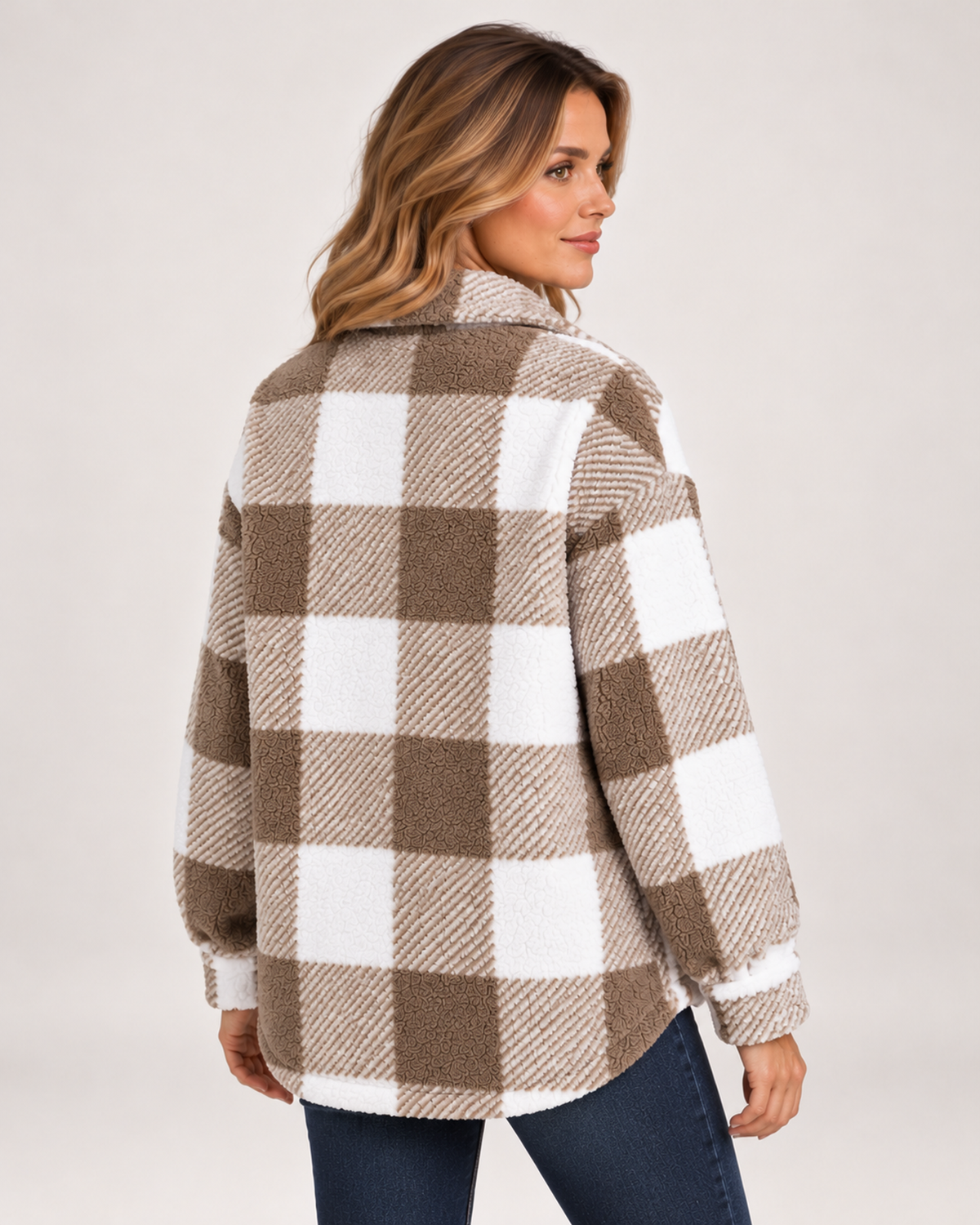 Women's Fleece Jacket with Checked Pattern and Button Front product view