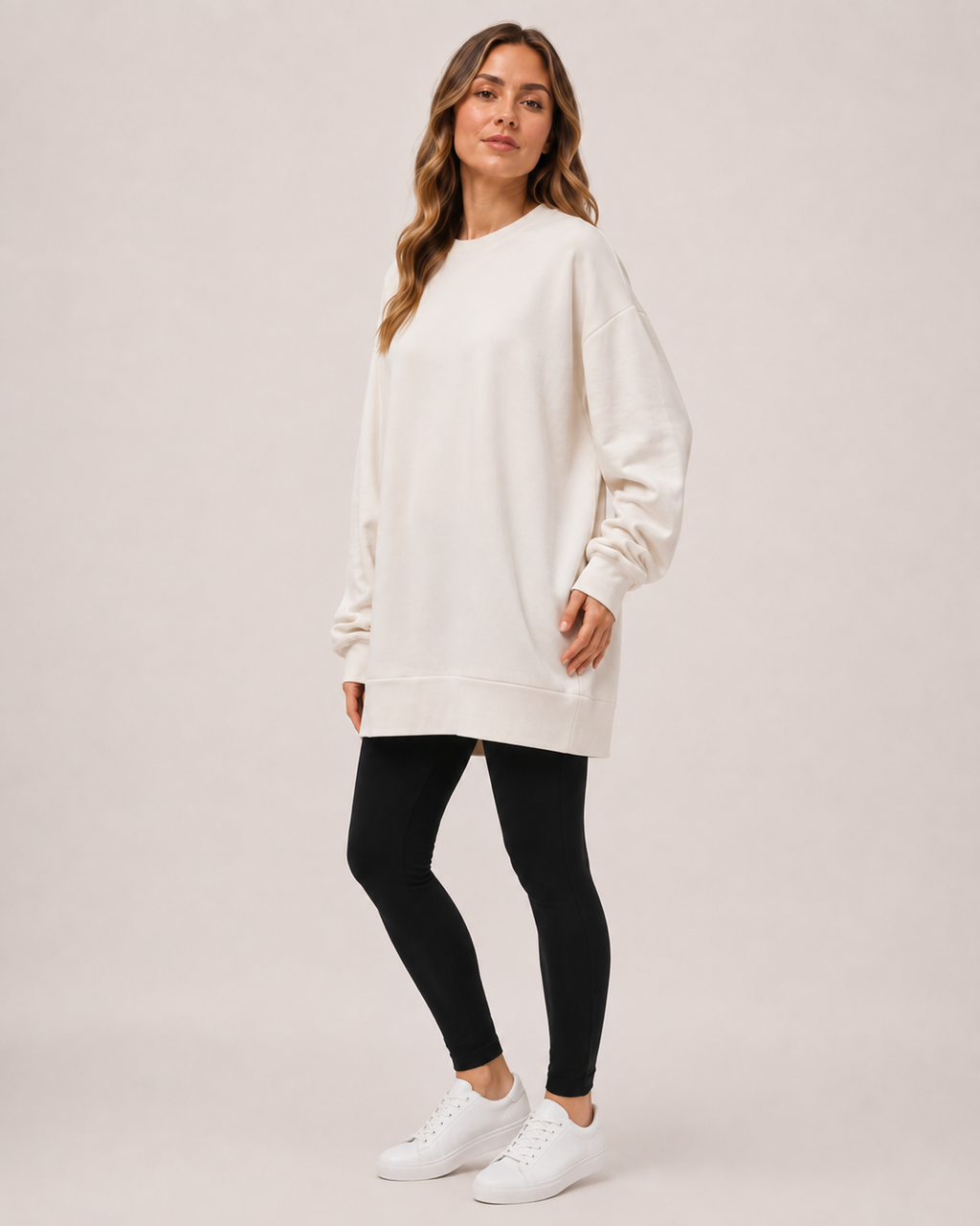 Women’s Oversized Sweatshirt with Crew Neck in Beige, three quarter body view