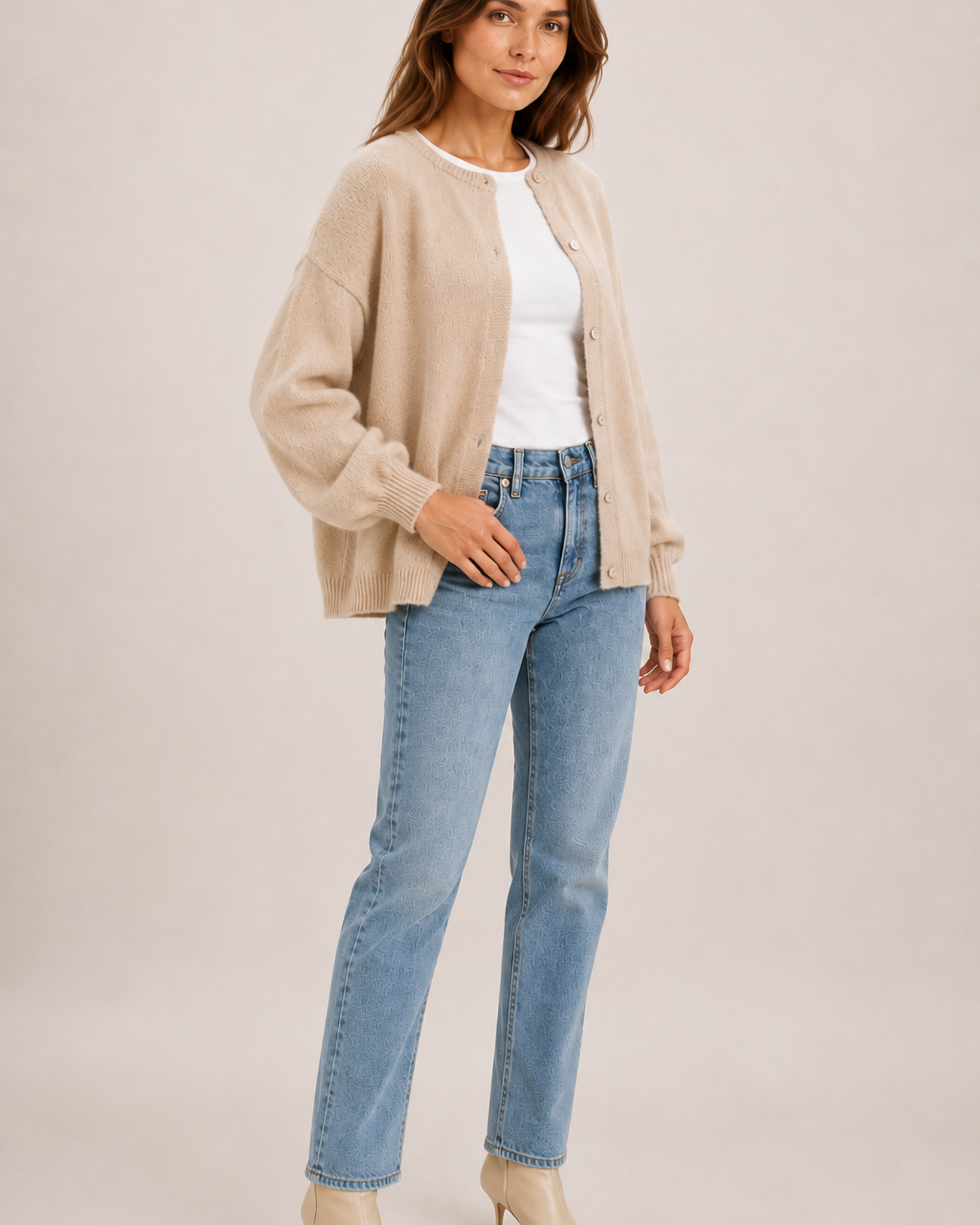 Women’s Balloon Sleeve Cardigan with Buttons in Beige, three quarter body view