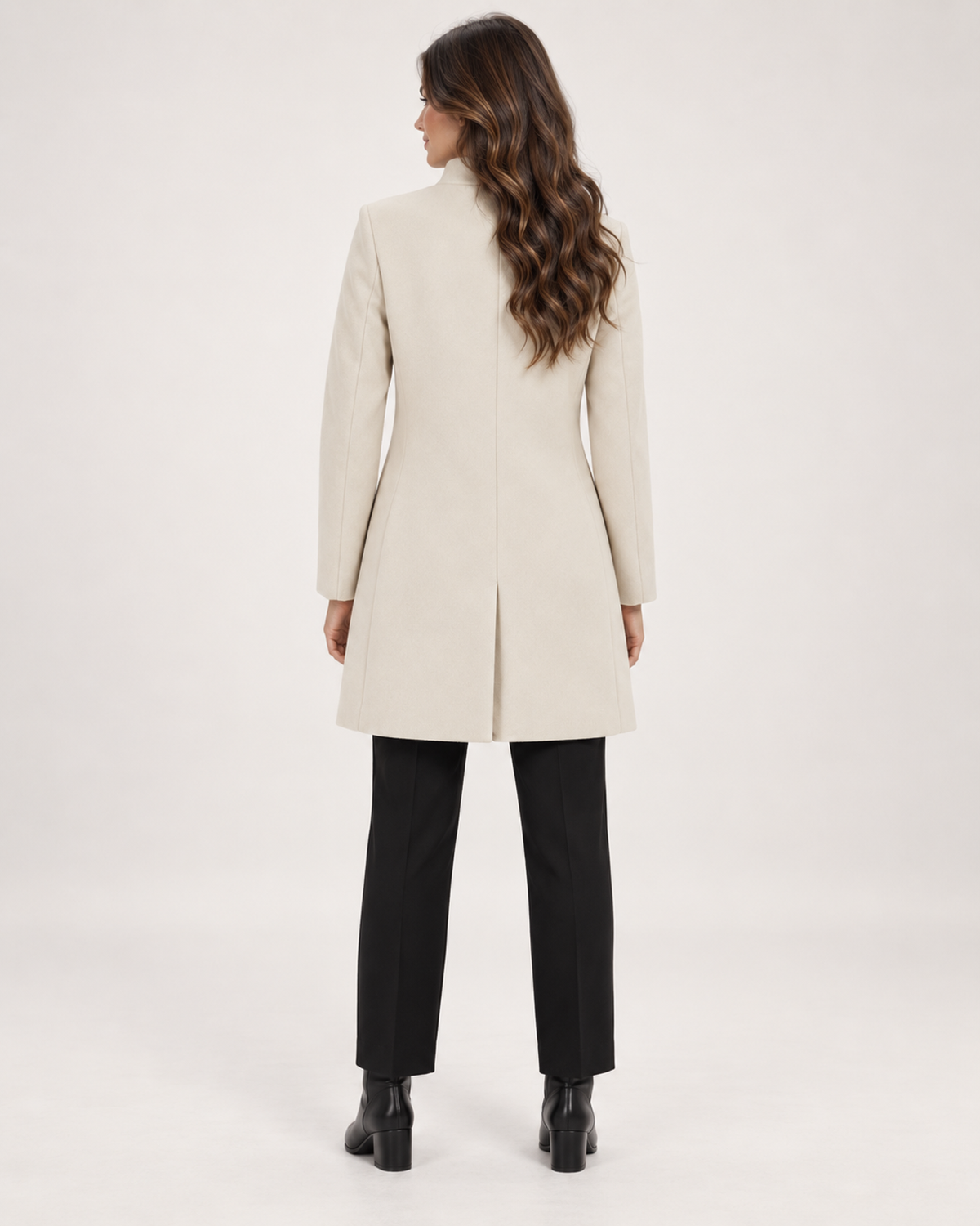 Women’s Mid Length Coat with Collarless Neck in Beige, three quarter body view