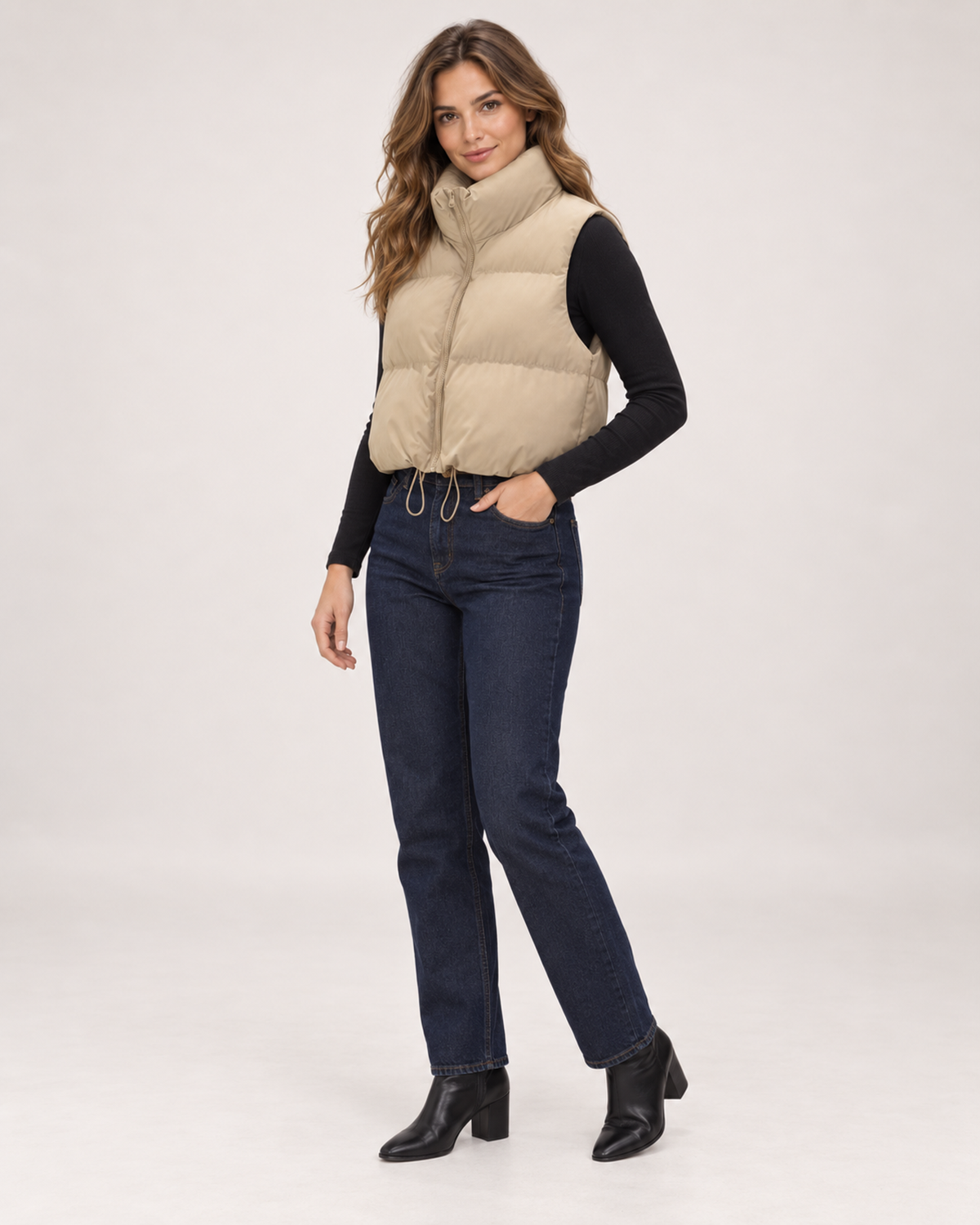 Women’s Puffer Gilet with Cropped Shape and Stand Collar in Beige, three quarter body view