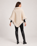 Women’s Cape Coat with Faux Fur Trim in Beige, three quarter body view