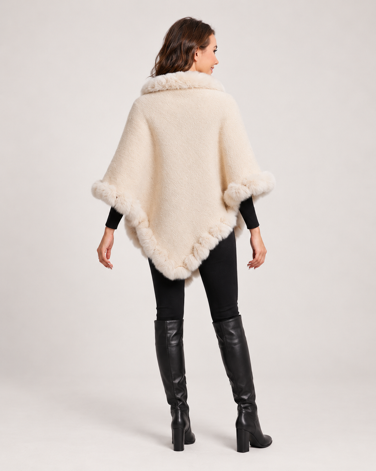 Women’s Cape Coat with Faux Fur Trim in Beige, three quarter body view