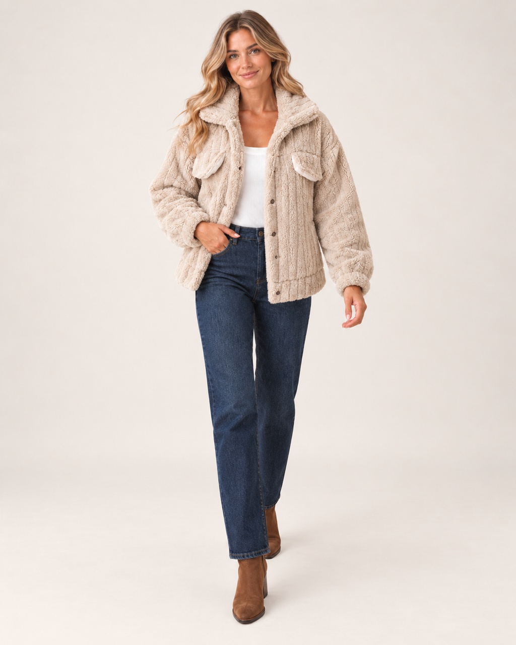 Women’s Borg Jacket with Collar and Chest Pockets in Beige, three quarter body view