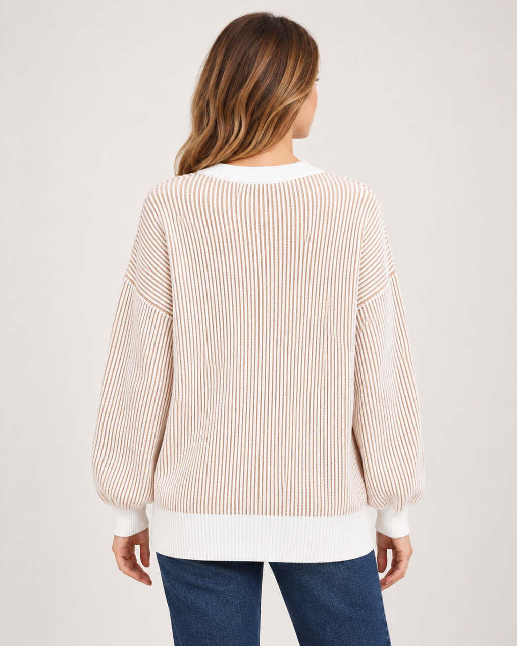 Women’s Striped Jumper with Contrast Trim in Beige, three quarter body view