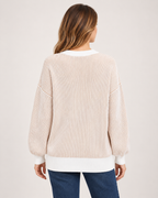 Women’s Striped Jumper with Contrast Trim in Beige, three quarter body view