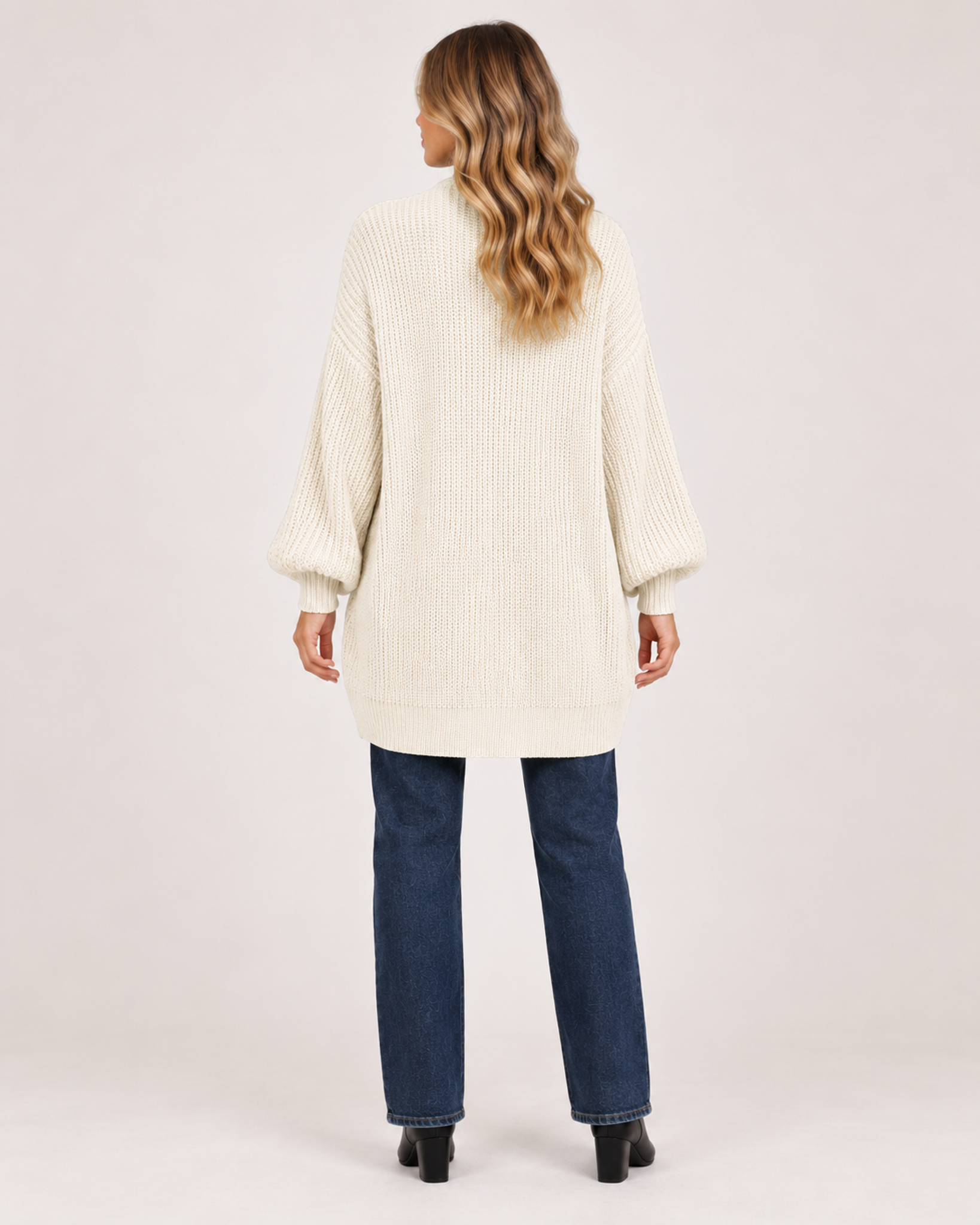 Women’s Balloon Sleeve Cardigan with Chunky Knit in Beige, three quarter body view