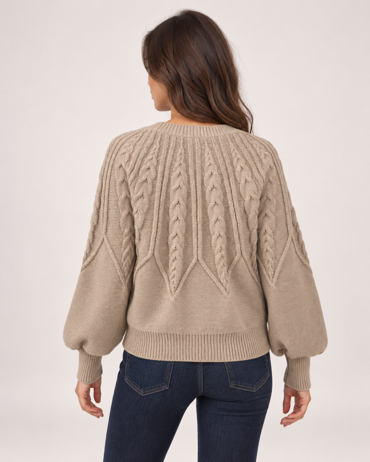 Women’s Cable Knit Jumper with Balloon Sleeves in Beige, three quarter body view