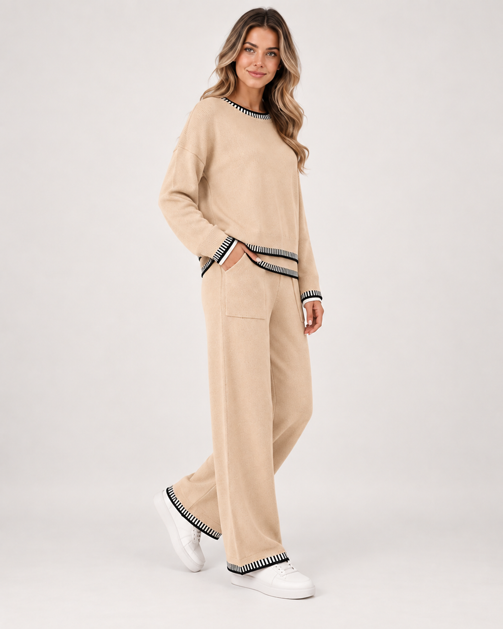 Women’s Co-Ord Set with Jumper and Wide Leg Trousers in Beige, three quarter body view