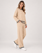Women’s Co-Ord Set with Jumper and Wide Leg Trousers in Beige, three quarter body view