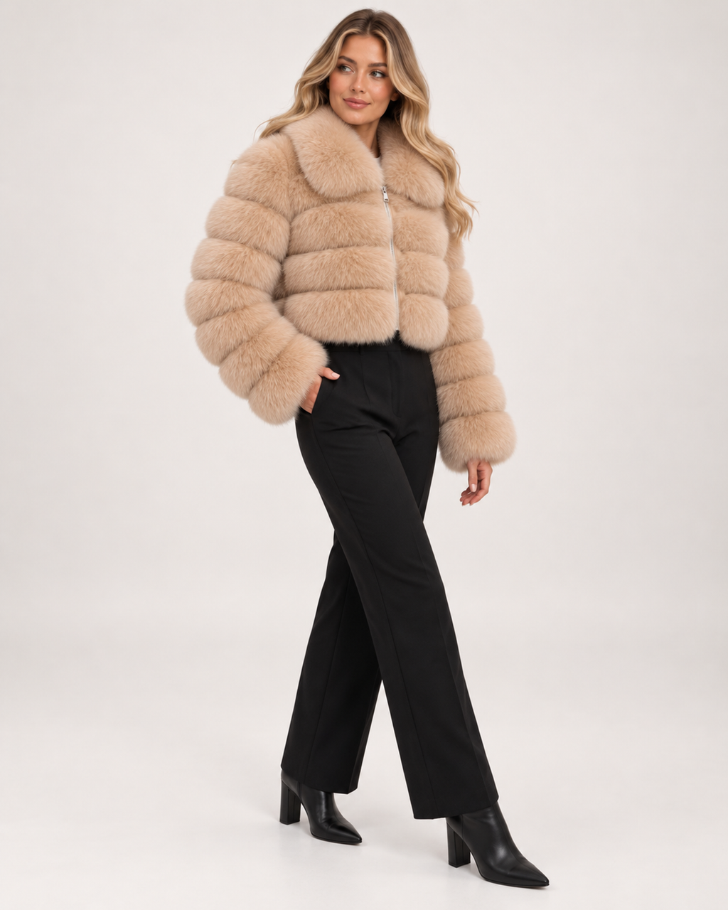 Women’s Faux Fur Jacket with Cropped Shape and Wide Collar in Beige, three quarter body view