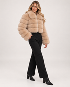 Women’s Faux Fur Jacket with Cropped Shape and Wide Collar in Beige, three quarter body view
