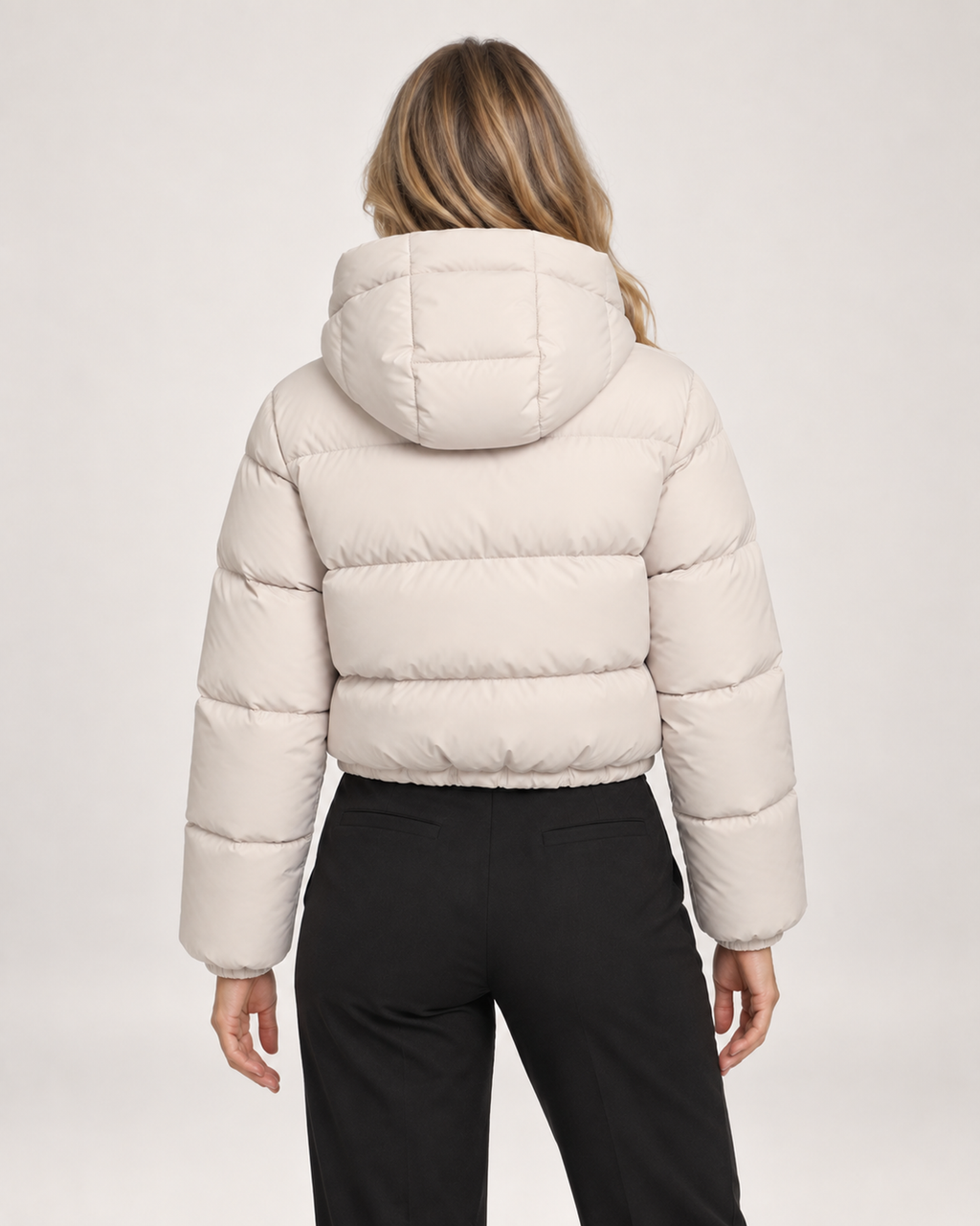 Women’s Puffer Jacket with Hood and Adjustable Hem in Beige, three quarter body view