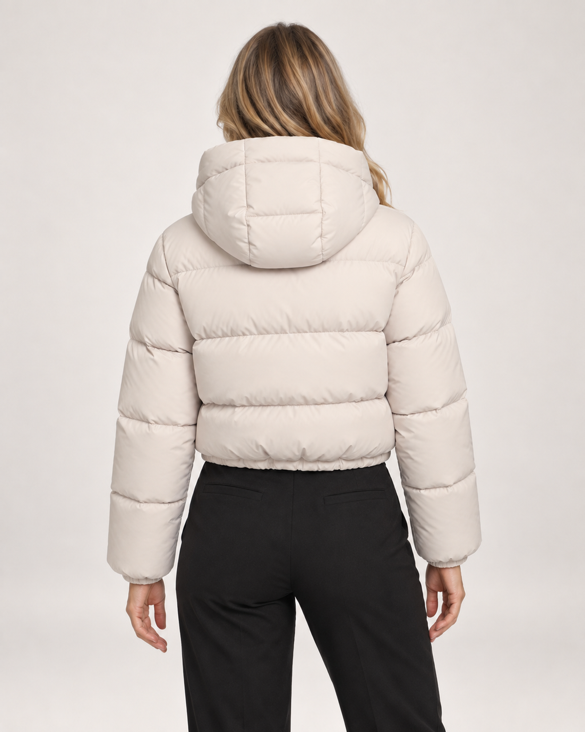 Women’s Puffer Jacket with Hood and Adjustable Hem in Beige, three quarter body view