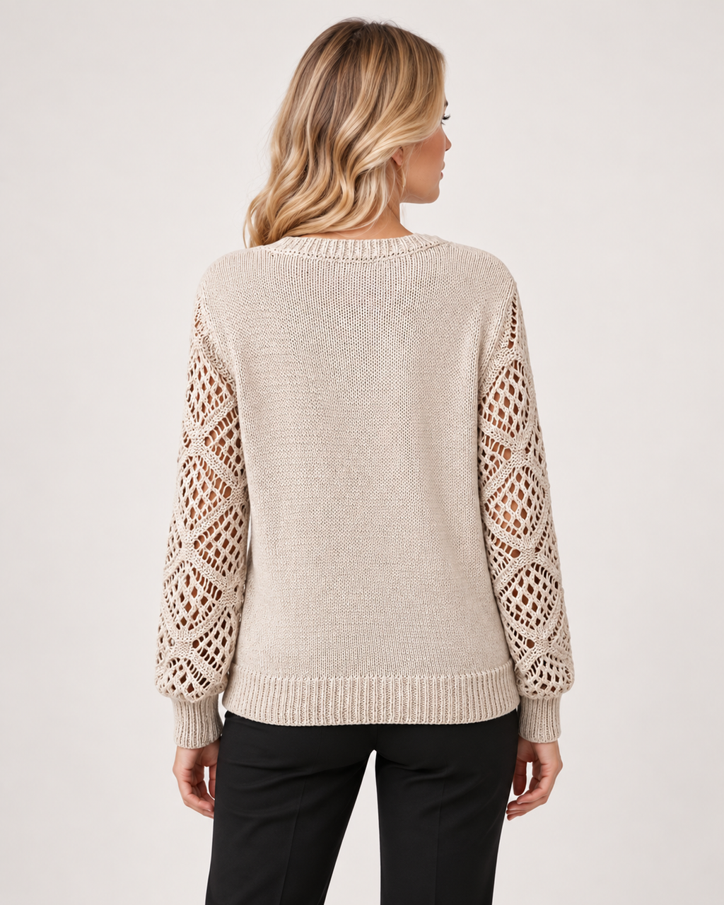 Women’s V Neck Jumper with Openwork Sleeves in Beige, three quarter body view
