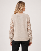 Women’s V Neck Jumper with Openwork Sleeves in Beige, three quarter body view