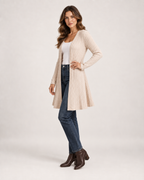 Women’s Longline Cardigan with Open Front in Beige, three quarter body view