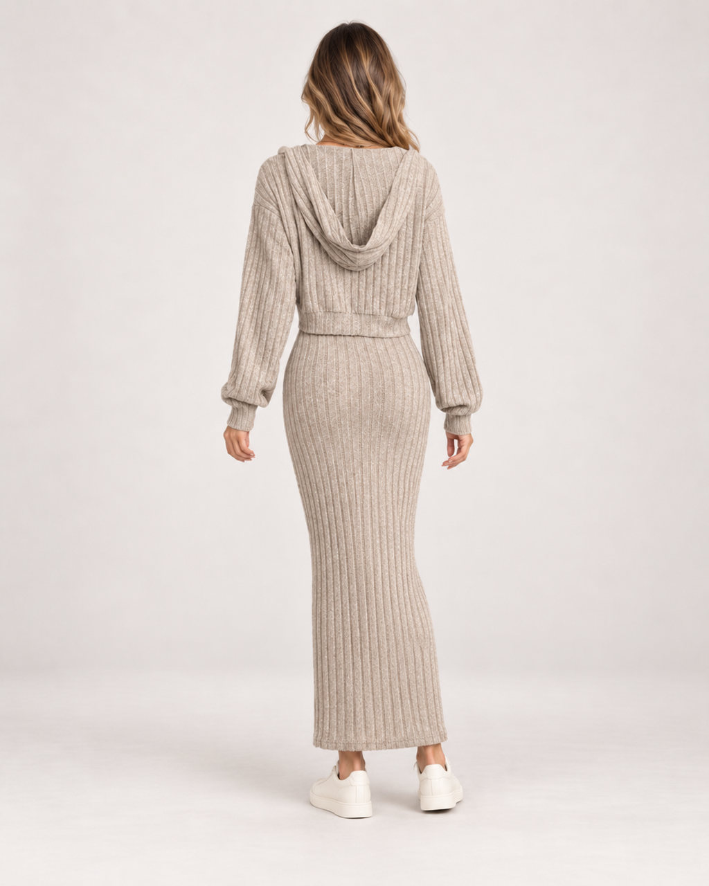 Women’s Two-Piece Set with Maxi Dress and Hooded Cardigan in Beige, three quarter body view