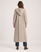 Women’s Long Cardigan with Hood and Cable Detail in Beige, three quarter body view