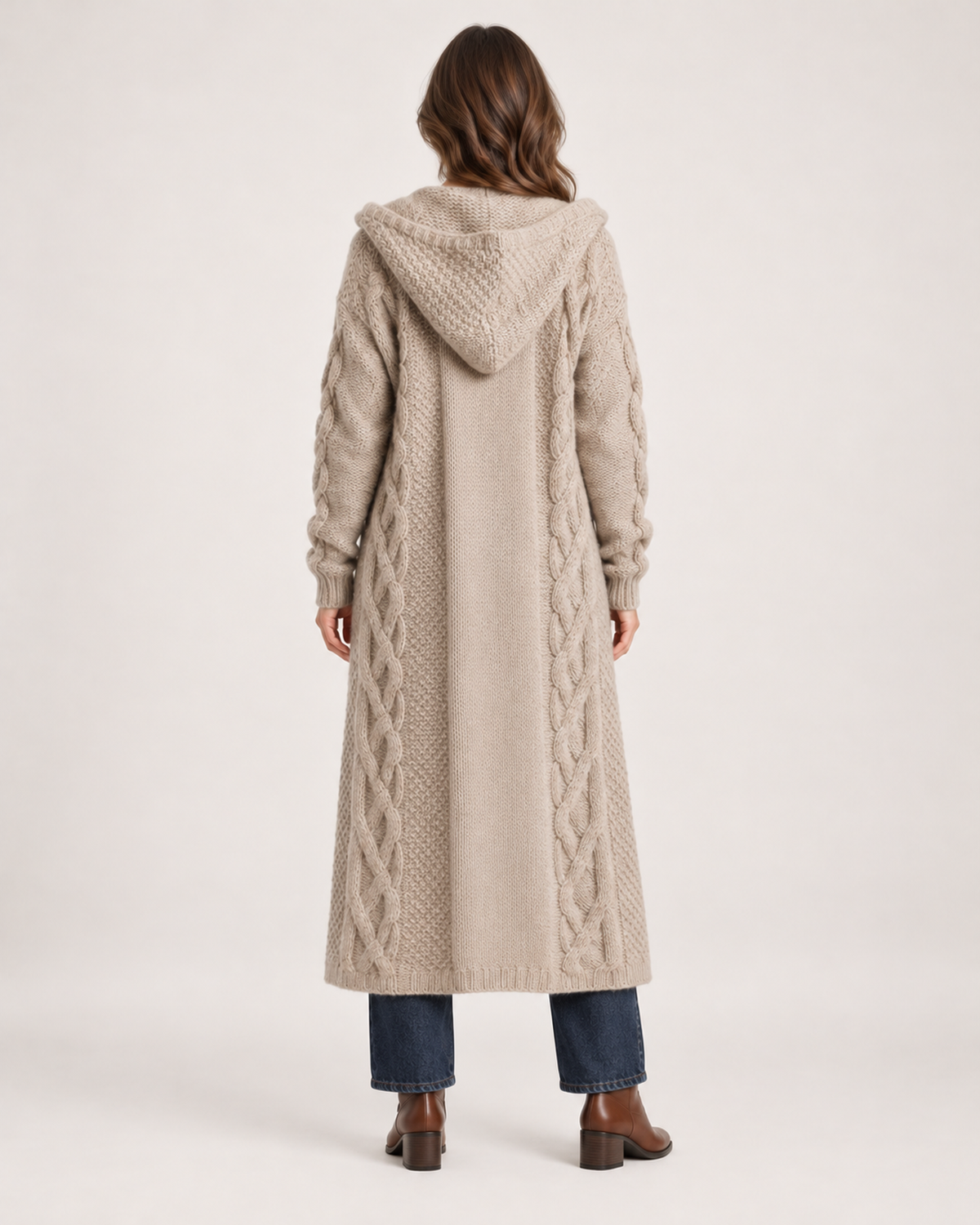 Women’s Long Cardigan with Hood and Cable Detail in Beige, three quarter body view