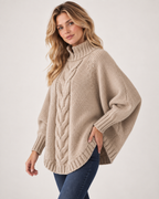 Women’s Cable Knit Jumper with High Neck and Batwing Sleeves in Beige, three quarter body view