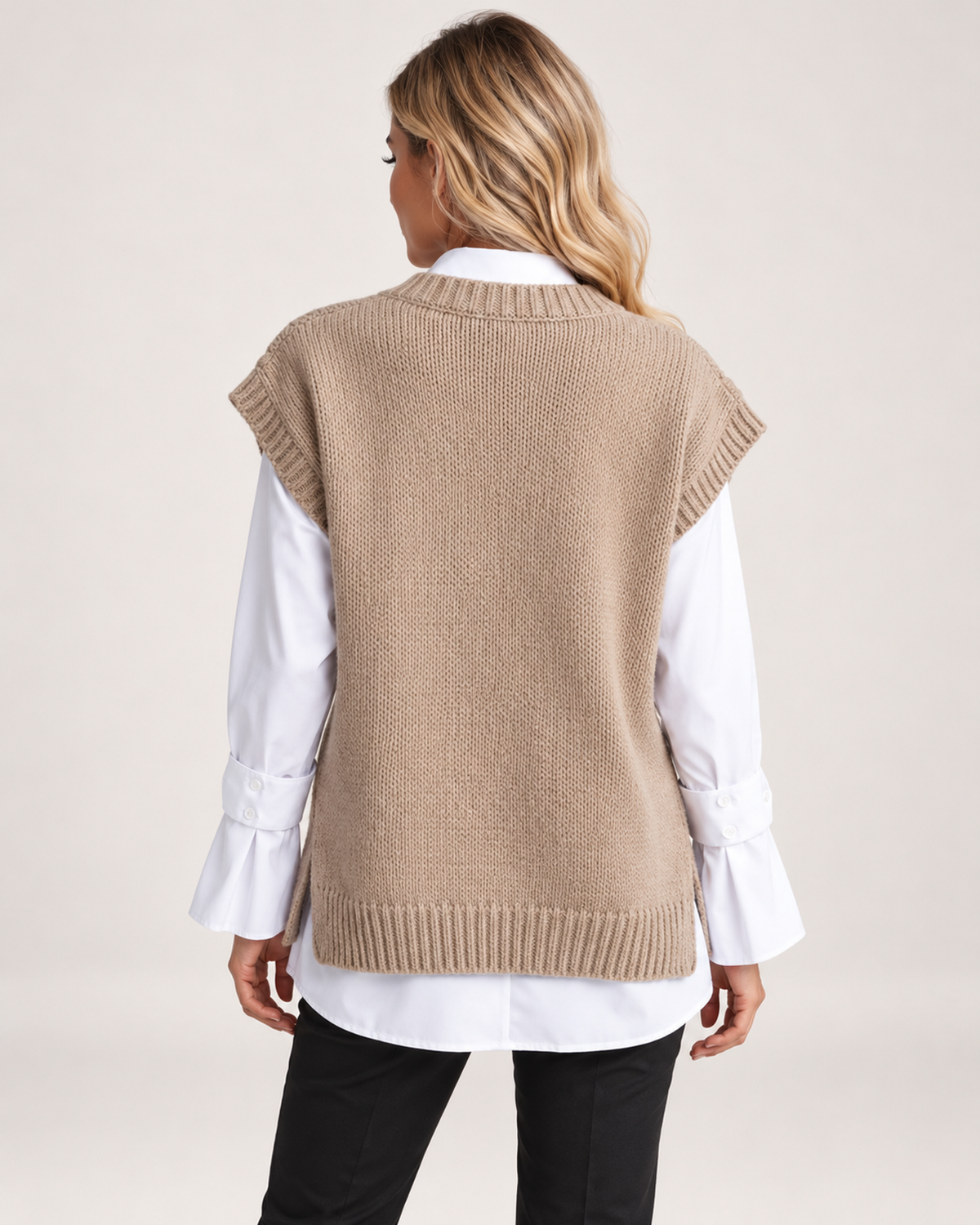 Women’s Knitted Vest with Longline Shape and Cable Detail in Beige, lower body product focus view