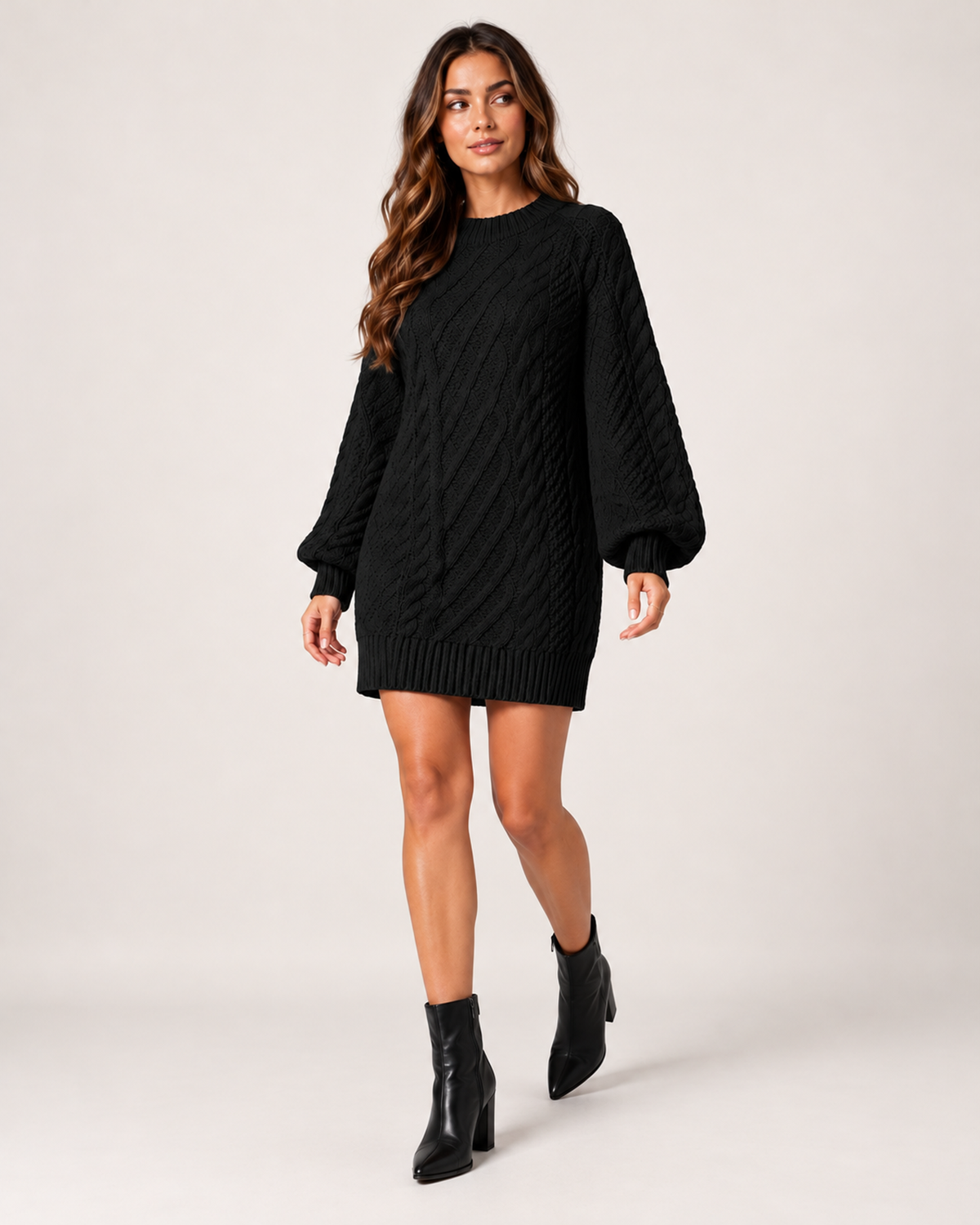 Women's black oversized cable knit jumper dress full-length view