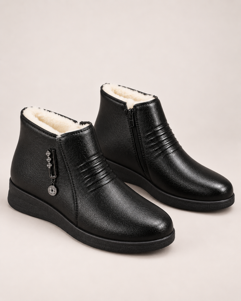 Women’s Ankle Boots with Fleece Lining and Side Zip in Black, product only view