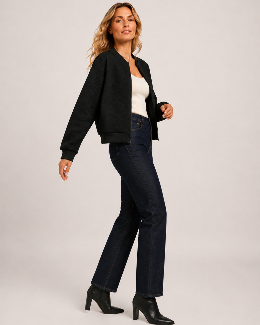 Women’s black zip up cardigan lateral pivot view