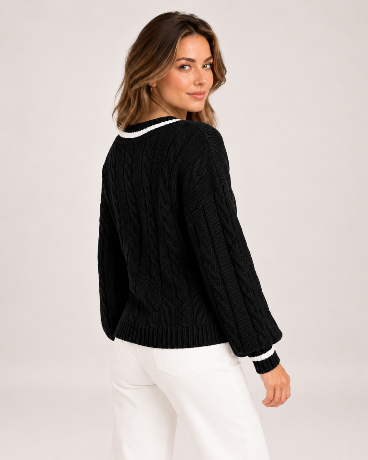 Women's V Neck Cable Knit Jumper with Contrast Trim product view
