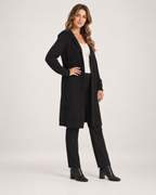 Women’s Longline Cardigan with Hood and Button Front in Black, three quarter body view