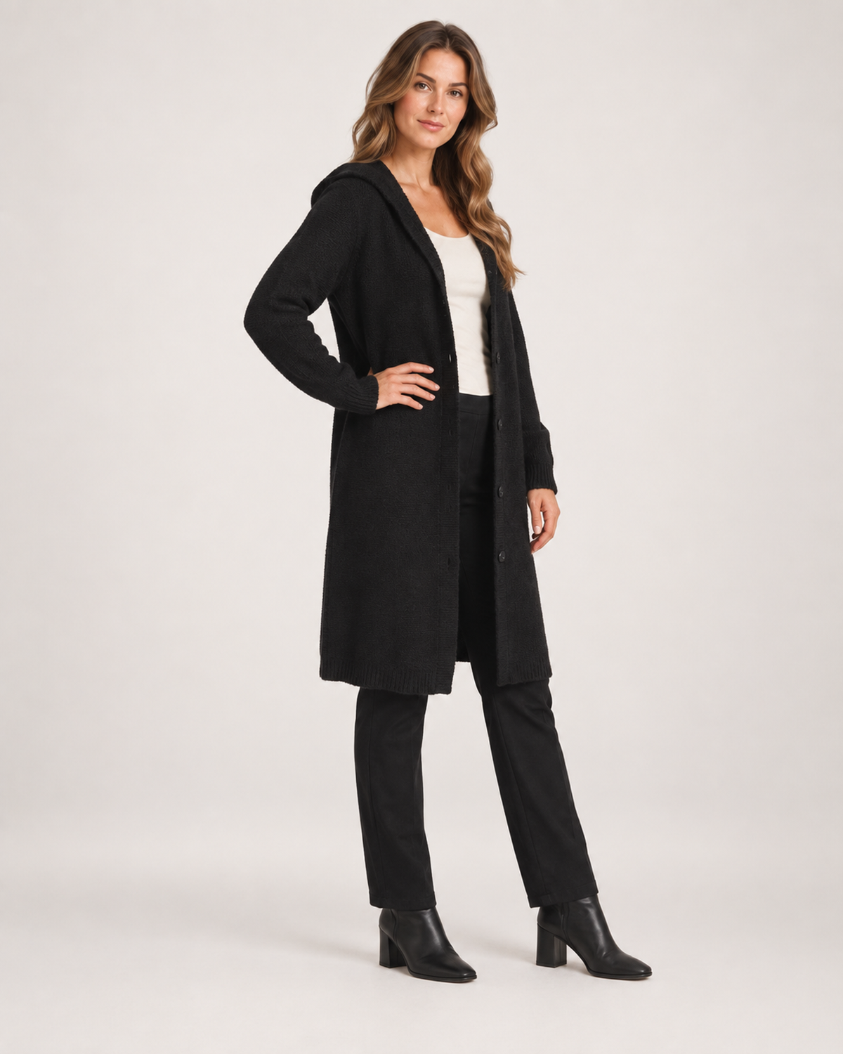 Women’s Longline Cardigan with Hood and Button Front in Black, three quarter body view
