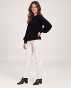 Women’s Fluffy Jumper with Crew Neck in Black, three quarter body view