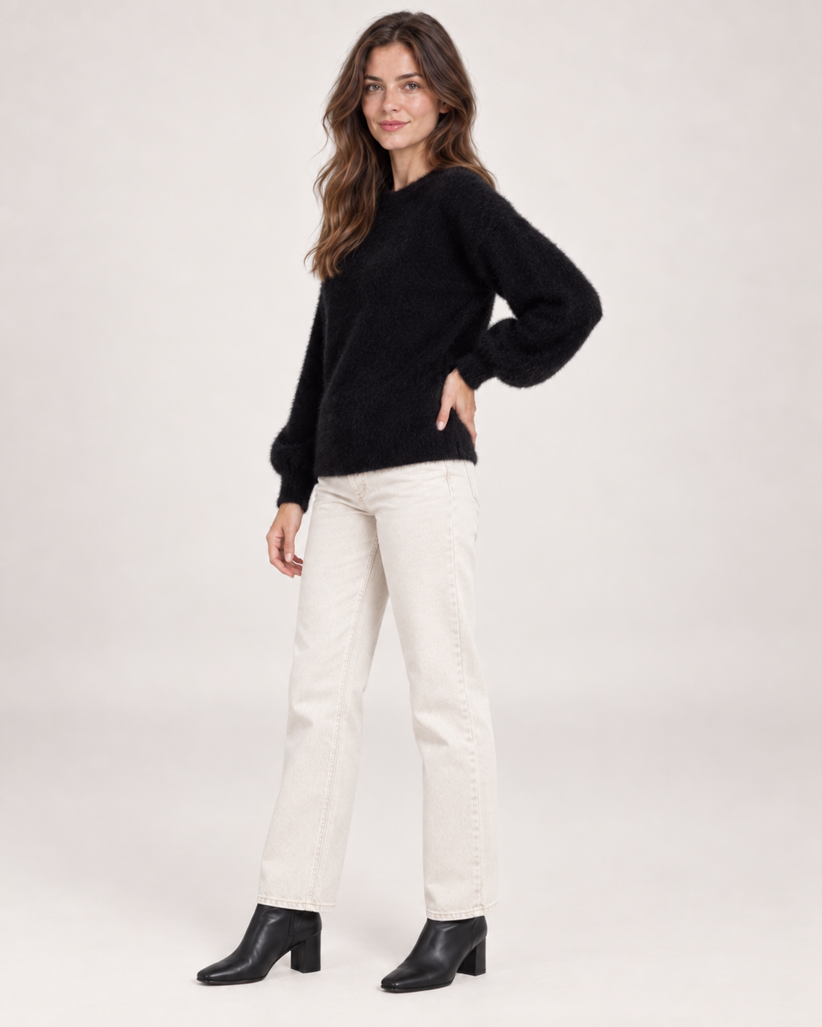 Women’s Fluffy Jumper with Crew Neck in Black, three quarter body view