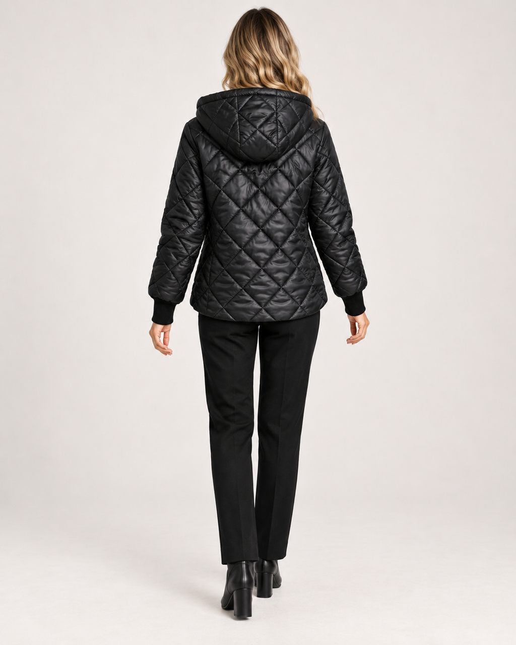 Women’s Quilted Jacket with Hood and Zip Front in Black, lower body product focus view