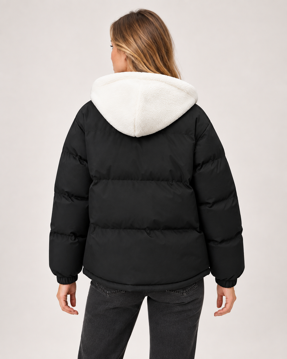 Women’s Puffer Jacket with Hood and Zip Front in Black, three quarter body view