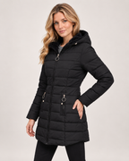 Women’s Quilted Jacket with Hood and Longline Shape in Black, three quarter body view