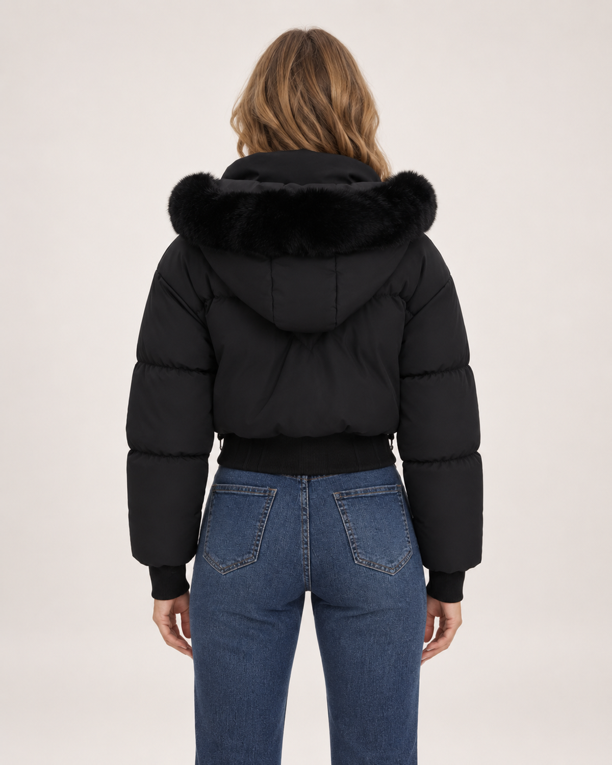 Women’s Puffer Jacket with Cropped Shape and Detachable Hood Trim in Black, three quarter body view