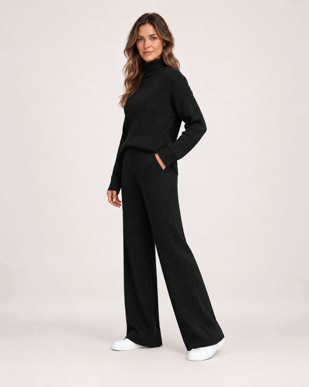 Women’s Knitted Co-Ord Set with Roll Neck and Wide Leg Trousers in Black, three quarter body view